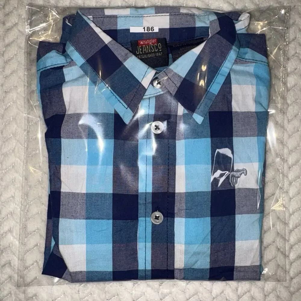 Wrangler Toddler Boys Plaid Button Up Shirt Blue Horse Logo 5T Long Sleeve